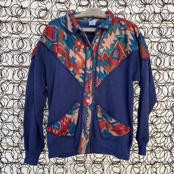 Vintage 90s Southwestern Aztec Cardigan Sweatshirt Boho Earth Tone LARGE - Picture 1 of 6